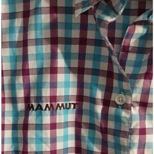 MAMMUT Womens Size Large Aada Hiking Shirt Short Sleeve Purple Blue Plaid